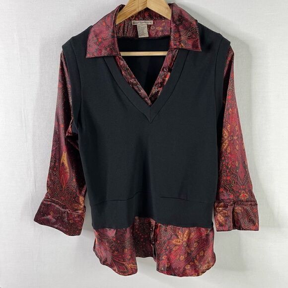 Susan Lawrence 2-in-1 Sweater Vest Satin Blouse Top - Medium - Picture 2 of 8